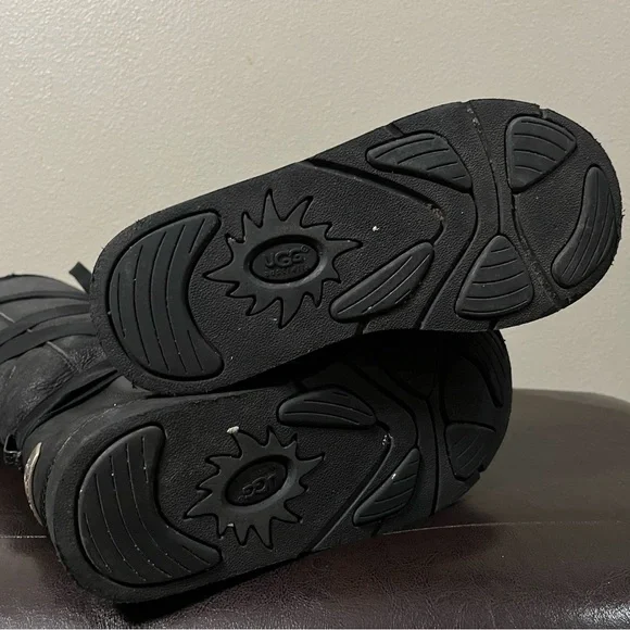 UGG Australia Tall Lace Ribbon Black Leather Sherpa Lined Boots Size 8 - Picture 5 of 13